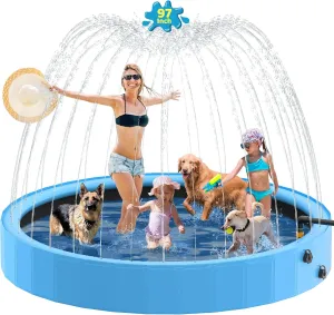Dog Pool with Sprinkler, 97'' Foldable Dog Pools for Large Dogs, 2-in-1 PVC Non Slip Pet Bathing Tub for Outdoor Backyard, Blue
