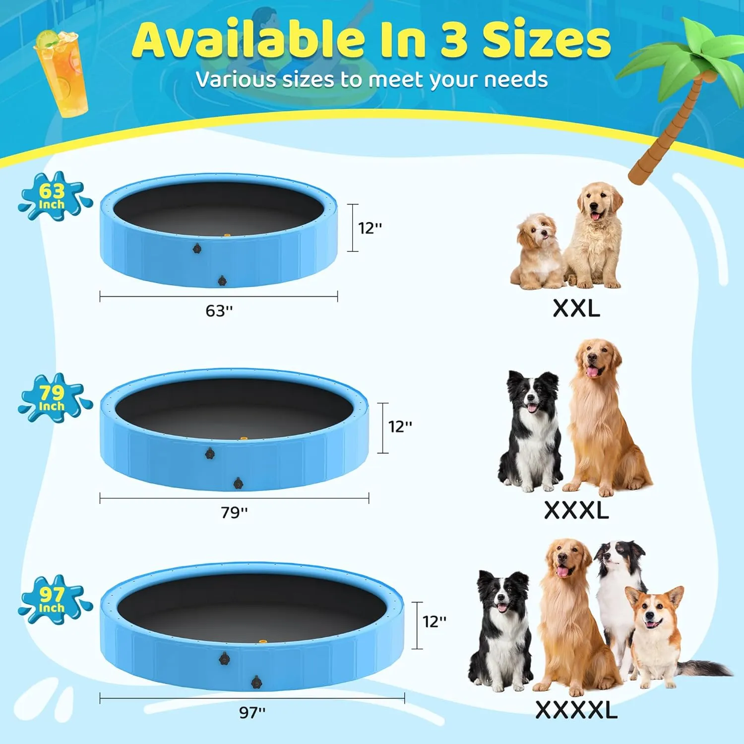 Dog Pool with Sprinkler, 97'' Foldable Dog Pools for Large Dogs, 2-in-1 PVC Non Slip Pet Bathing Tub for Outdoor Backyard, Blue