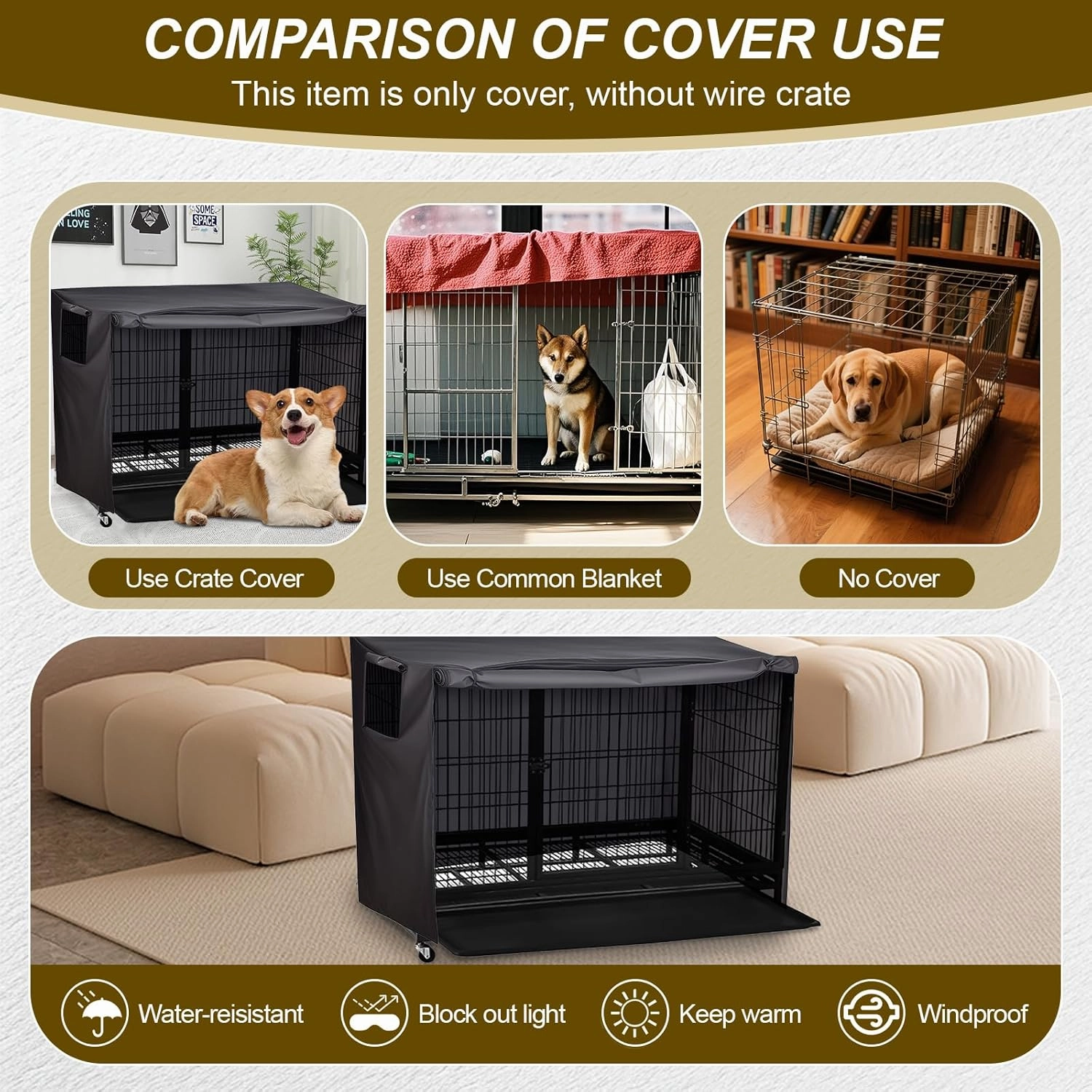 Dog Crate Cover 38 Inch Heavy Duty Durable 600D Polyester Insulated Dog Kennel Cover for Dog Cage, Dog Cage Cover Fit for Most Wire Pet Crates (ONLY Cover)