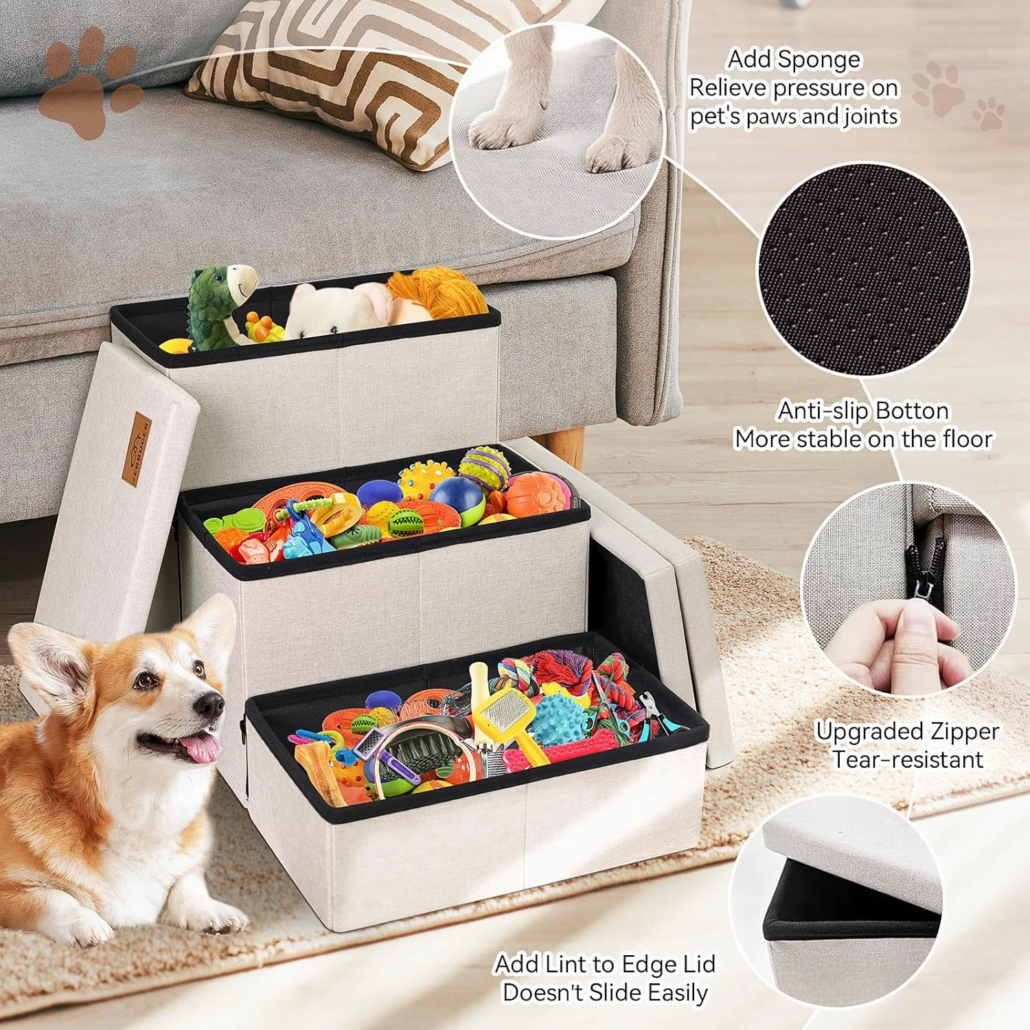 Dog Stairs with Storage 18" H, 3-Step Wider Dog Steps for Small/Medium/Large Old Dogs Cats, Folding Sturdy Pet Stairs Climbing Bed or Couch, Ramp for Car Up to 200 lbs (Beige Gray, No Condo)