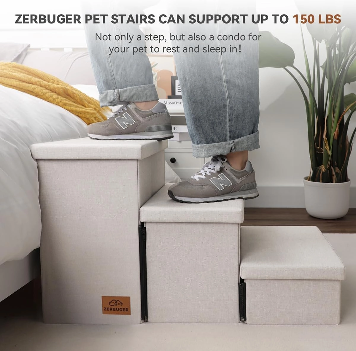 Dog Stairs with Storage 18" H, 3-Step Wider Dog Steps for Small/Medium/Large Old Dogs Cats, Folding Sturdy Pet Stairs Climbing Bed or Couch, Ramp for Car Up to 200 lbs (Beige Gray, No Condo)