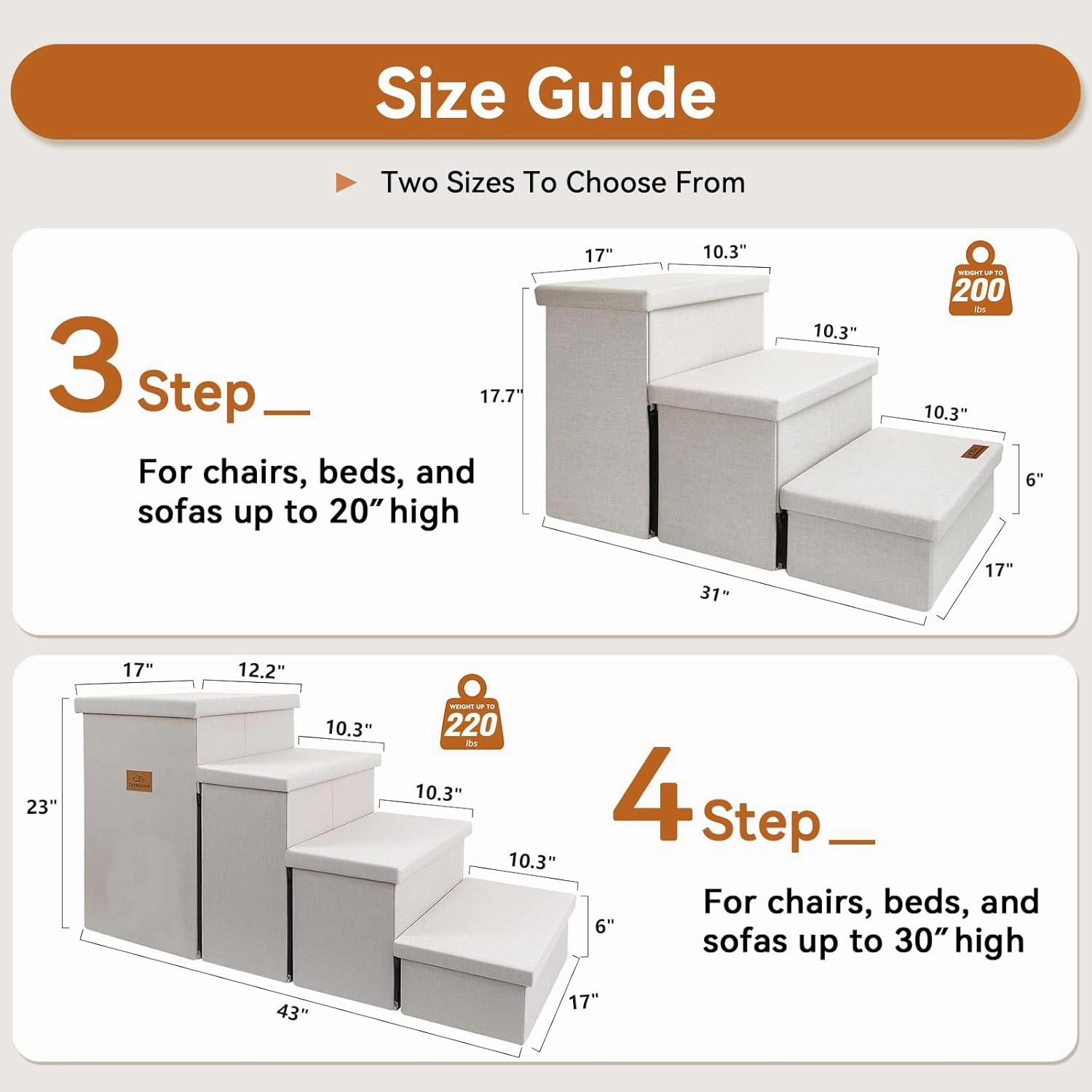 Dog Stairs with Storage 18" H, 3-Step Wider Dog Steps for Small/Medium/Large Old Dogs Cats, Folding Sturdy Pet Stairs Climbing Bed or Couch, Ramp for Car Up to 200 lbs (Beige Gray, No Condo)