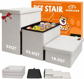Dog Stairs with Storage 18" H, 3-Step Wider Dog Steps for Small/Medium/Large Old Dogs Cats, Folding Sturdy Pet Stairs Climbing Bed or Couch, Ramp for Car Up to 200 lbs (Beige Gray, No Condo)