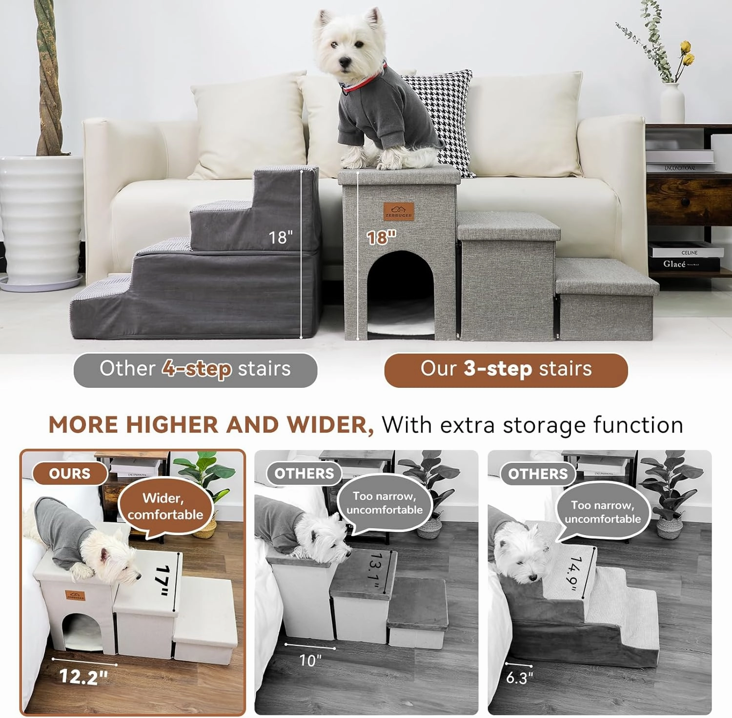 Dog Stairs with Storage 18" H, 3-Step Wider Dog Steps for Small/Medium/Large Old Dogs Cats, Folding Sturdy Pet Stairs Climbing Bed or Couch, Ramp for Car Up to 200 lbs (Beige Gray, No Condo)