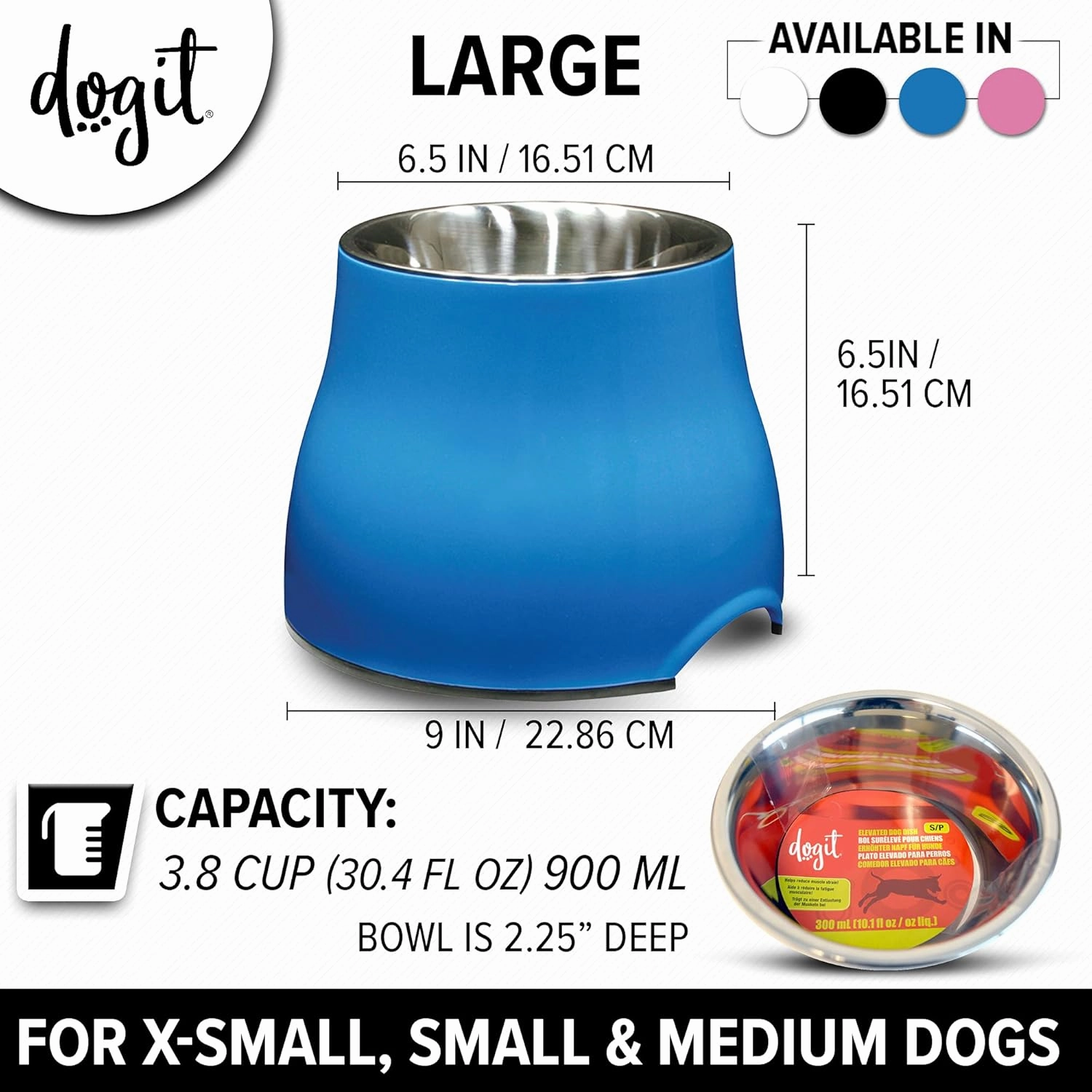 Dogit Elevated Dog Bowl, Stainless Steel Dog Food and Water Bowl for Large Dogs, Blue, 73751
