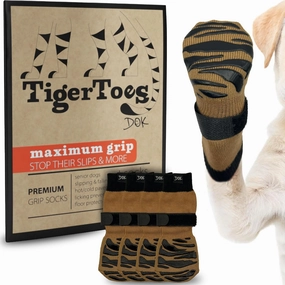 DOK TigerToes Premium Non-Slip Dog Socks for Hardwood Floors - Extra-Thick Grip That Works Even When Twisted - Prevents Licking, Slipping, and Great for Dog Paw Protection (Cool Caramel, Large)
