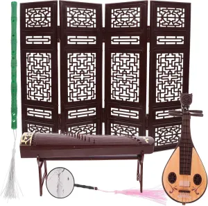 Doll House Miniature Chinese Classical Instrument Set - Includes Screen, Pipa, Guzheng, Xiao, Fan - Assorted Colors, Plastic - Elegant Decor for Dollhouse Music Room