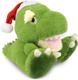 DolliBu Santa T-Rex Dinosaur Stuffed Animal Plush Toy - Eco-Friendly Extinct Animal Dress Up with Red Santa Claus Hat, Perfect Holiday with Name Personalization - 9 Inches
