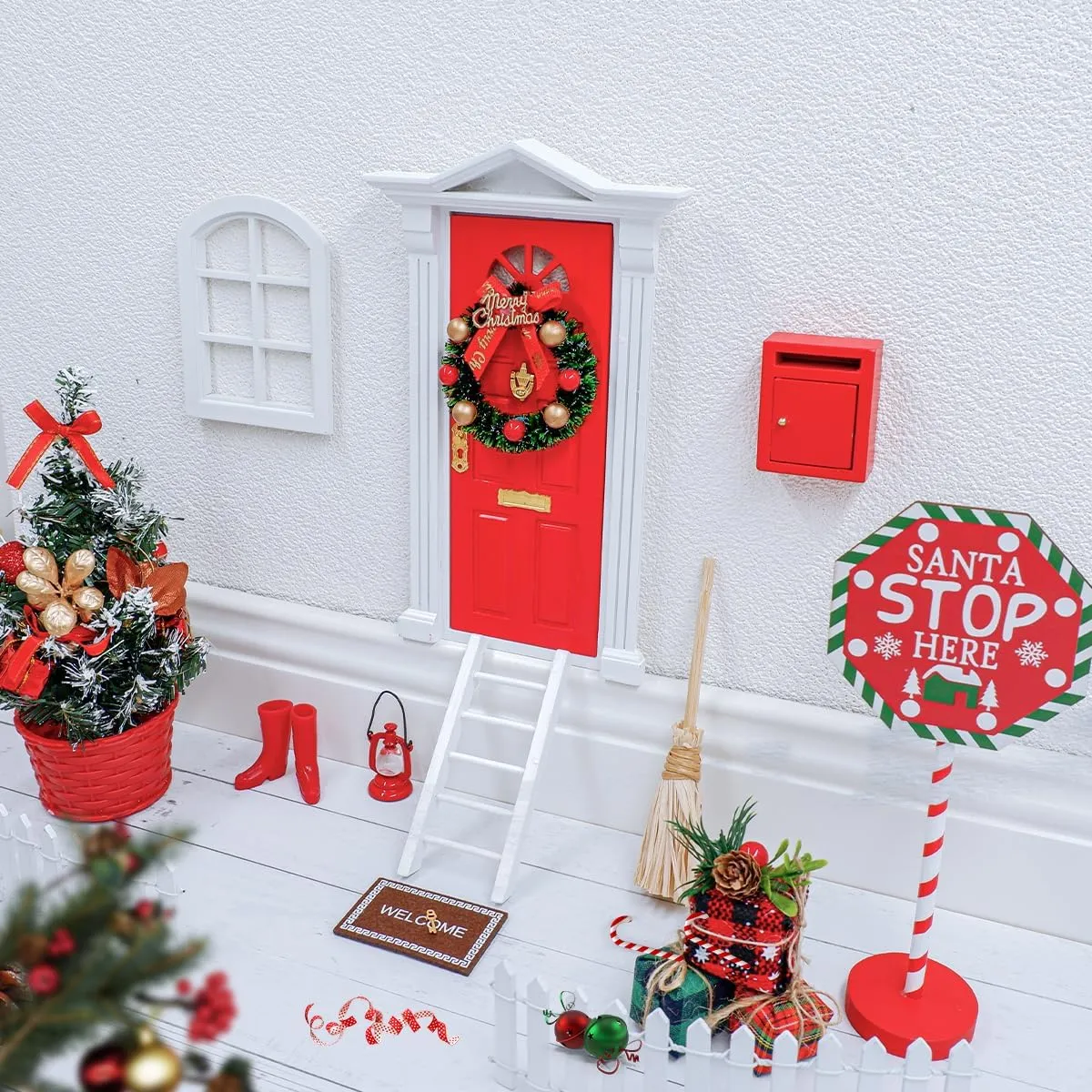 Dollohouse Door Kit - 18pcs Miniature Fairy Door with Christmas Tree and Christmas Mini Accesories Wooden Door Christmas Dollhouse Furniture DIY Craft Gift for Kids (Red)