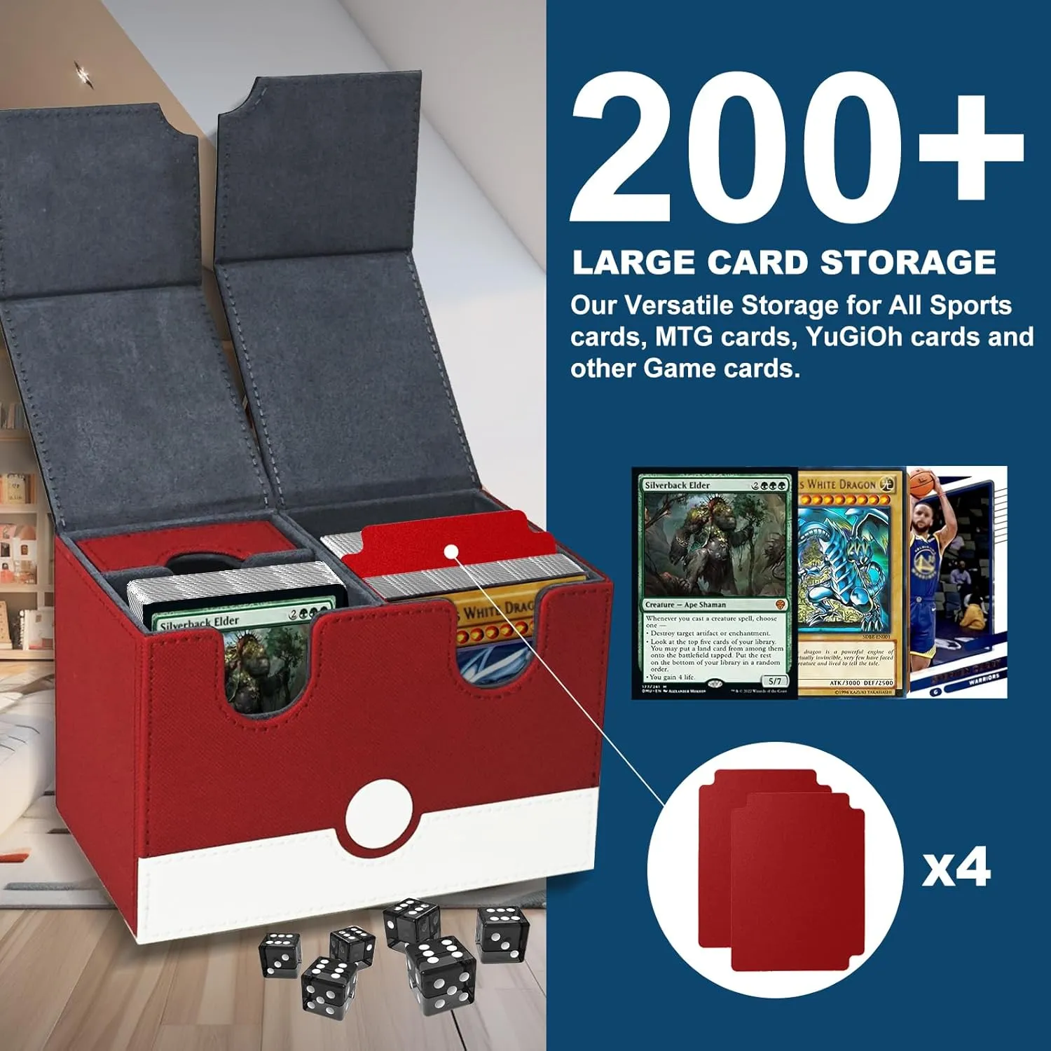 Double Deck Card Box with Dice Tray for MTG Cards, 380  PU Leather Strong Magnet Collectible Card Storage Box Fits 150 Double Sleeved Cards for TCG CCG (Black & White)