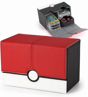 Double Deck Card Box with Dice Tray for MTG Cards, 380  PU Leather Strong Magnet Collectible Card Storage Box Fits 150 Double Sleeved Cards for TCG CCG (Red & White)