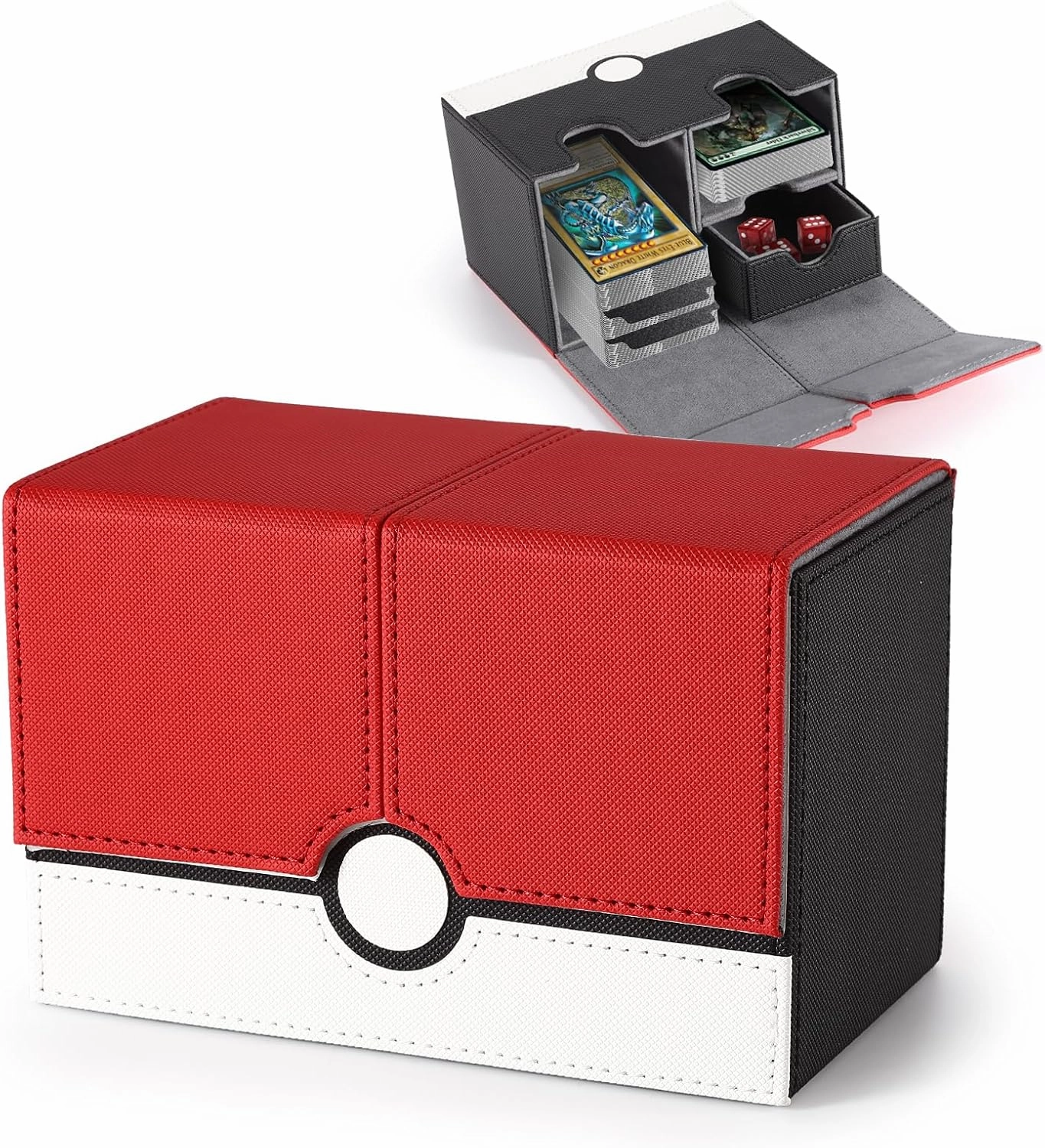 Double Deck Card Box with Dice Tray for MTG Cards, 380  PU Leather Strong Magnet Collectible Card Storage Box Fits 150 Double Sleeved Cards for TCG CCG (Red & White)