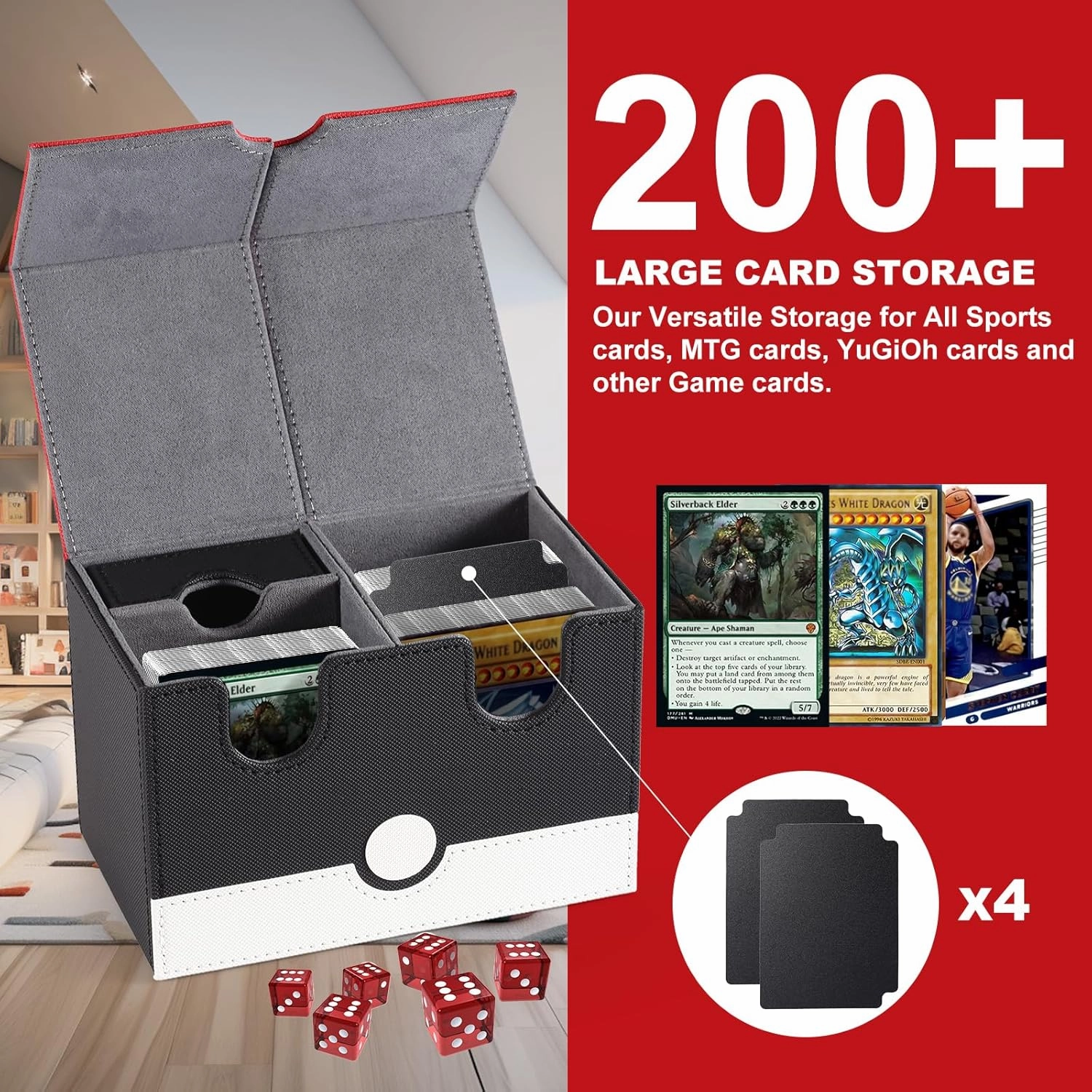 Double Deck Card Box with Dice Tray for MTG Cards, 380  PU Leather Strong Magnet Collectible Card Storage Box Fits 150 Double Sleeved Cards for TCG CCG (Red & White)