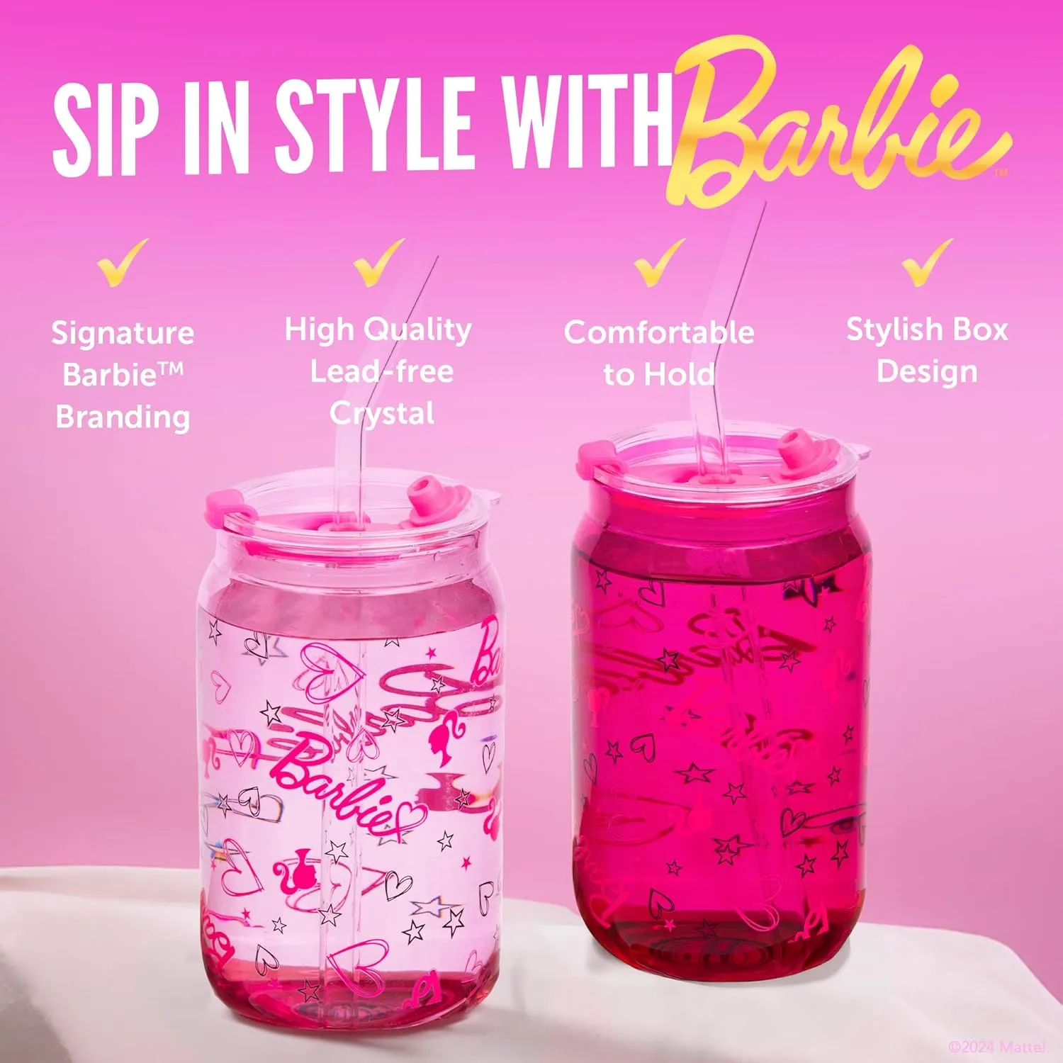Dragon Glassware x Barbie - 16 oz Glass Cups with Lids and Straws, Set of 2 - Iced Coffee Cups with Lids - Versatile Glass Tumbler with Straw and Lid for Hot or Cold Drinks - Love Out Loud
