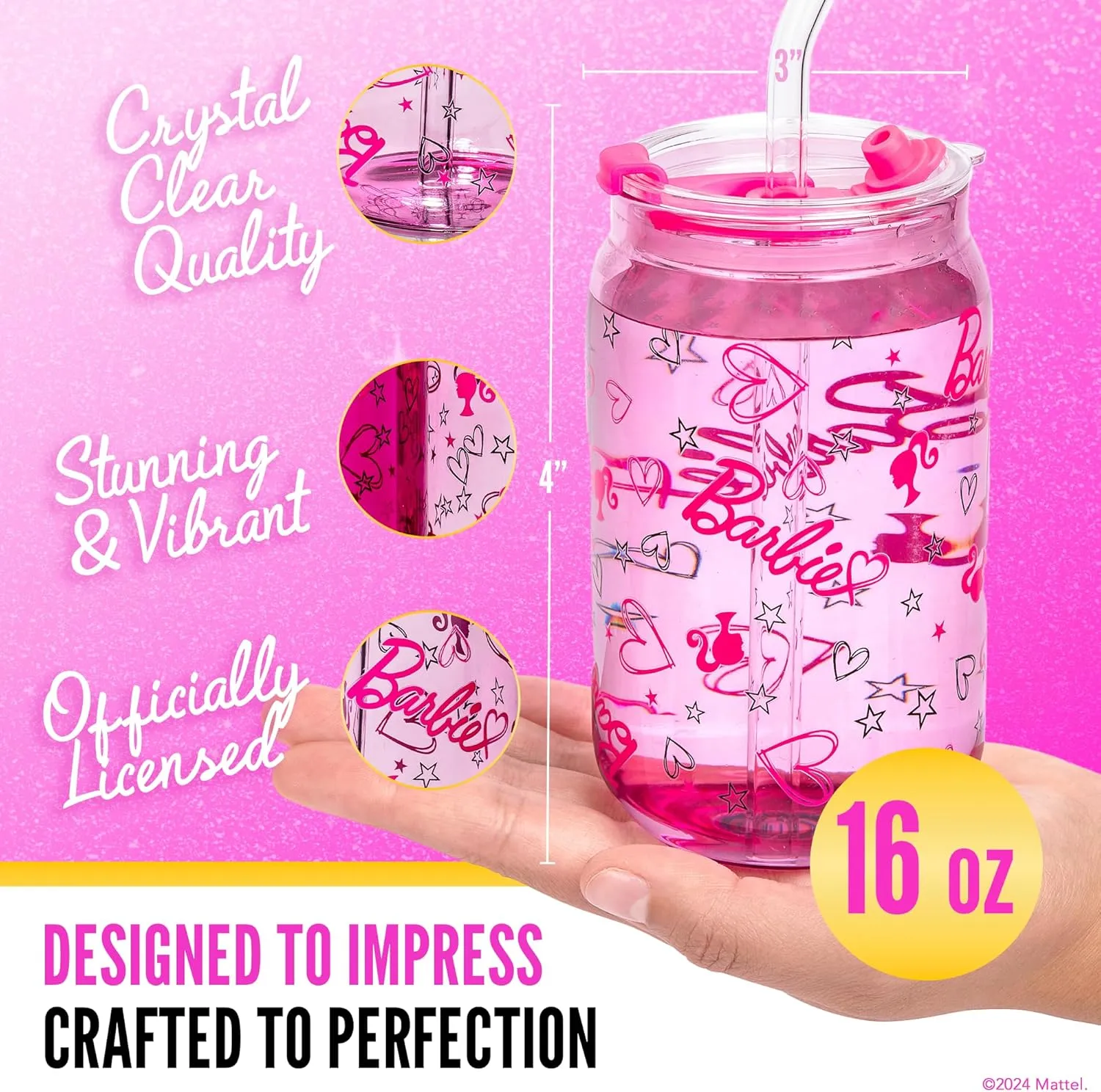 Dragon Glassware x Barbie - 16 oz Glass Cups with Lids and Straws, Set of 2 - Iced Coffee Cups with Lids - Versatile Glass Tumbler with Straw and Lid for Hot or Cold Drinks - Love Out Loud