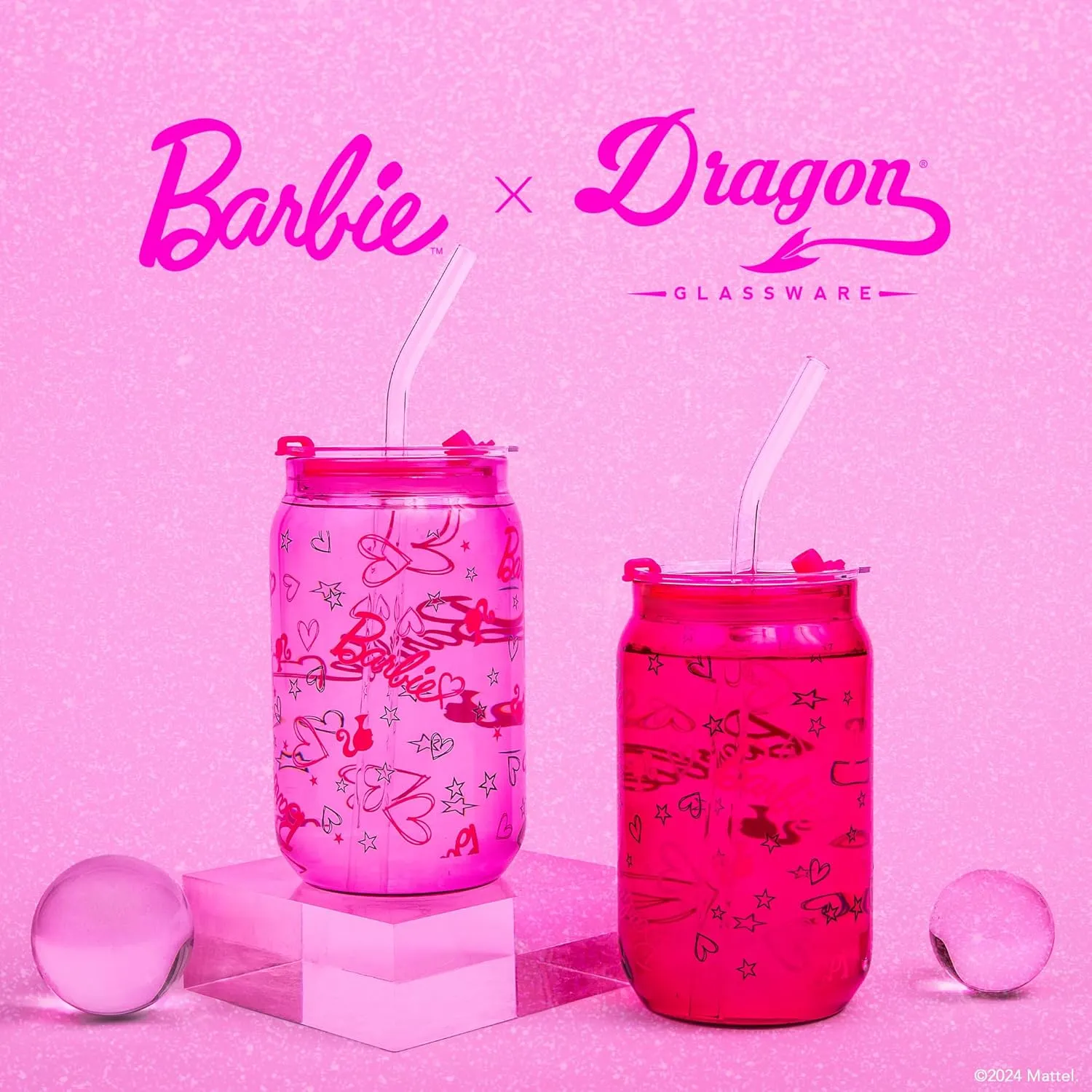 Dragon Glassware x Barbie - 16 oz Glass Cups with Lids and Straws, Set of 2 - Iced Coffee Cups with Lids - Versatile Glass Tumbler with Straw and Lid for Hot or Cold Drinks - Love Out Loud