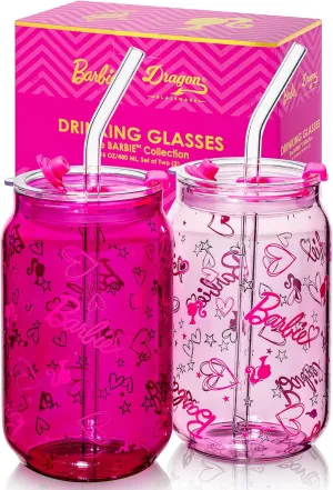 Dragon Glassware x Barbie - 16 oz Glass Cups with Lids and Straws, Set of 2 - Iced Coffee Cups with Lids - Versatile Glass Tumbler with Straw and Lid for Hot or Cold Drinks - Love Out Loud