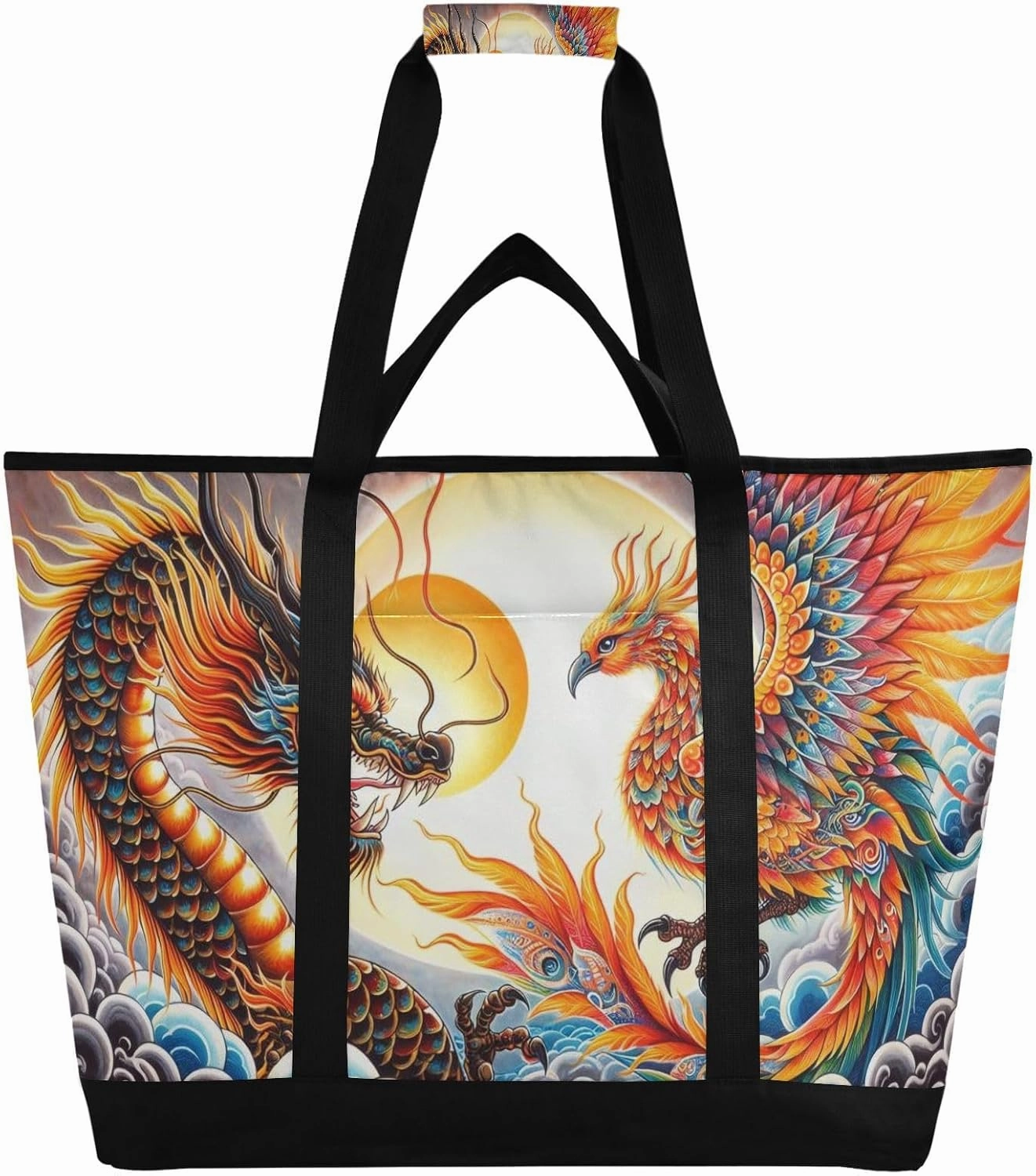 Dragon and Phoenix Reusable Insulated Lunchbox Cooler Bag, Leakproof Kitchen Grocery Bag Collapsible Portable Cooler Tote Bag for Picnic, Camping, Office, Travel
