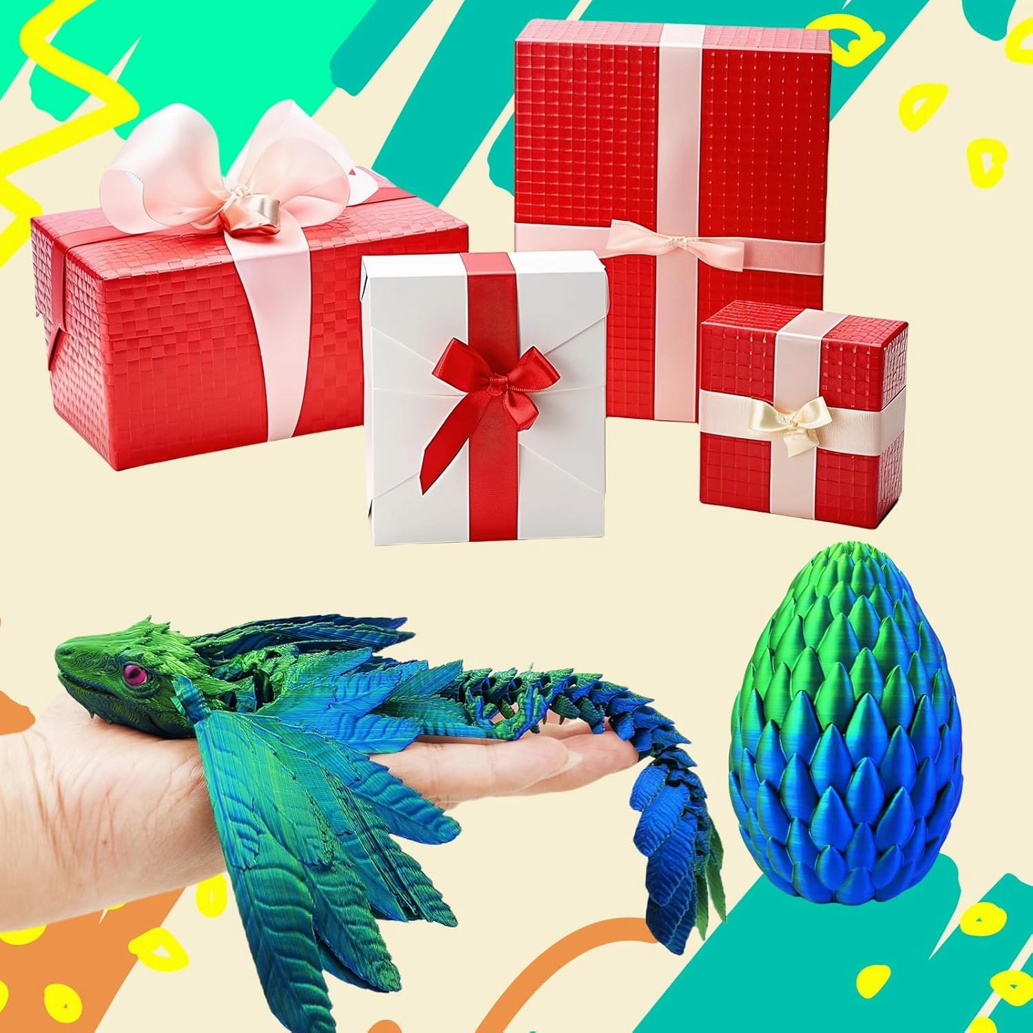 Dynamic 3D Printed Dragon Eggs with Dragon Inside，3D Dragon with Wings Movable, Feathered Wyvern Dragon,Full Articulated Crystal Flying Fidget Dragon, 3D Printed Archaeopteryx Bird Animals Toy