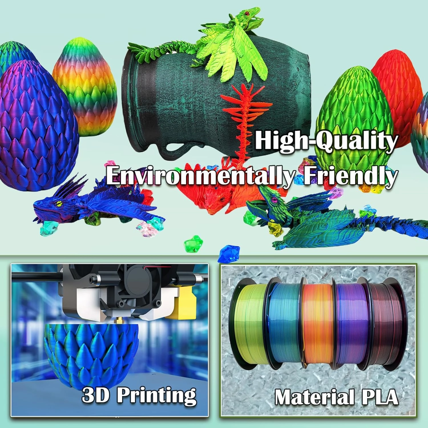 Dynamic 3D Printed Dragon Eggs with Dragon Inside，3D Dragon with Wings Movable, Feathered Wyvern Dragon,Full Articulated Crystal Flying Fidget Dragon, 3D Printed Archaeopteryx Bird Animals Toy