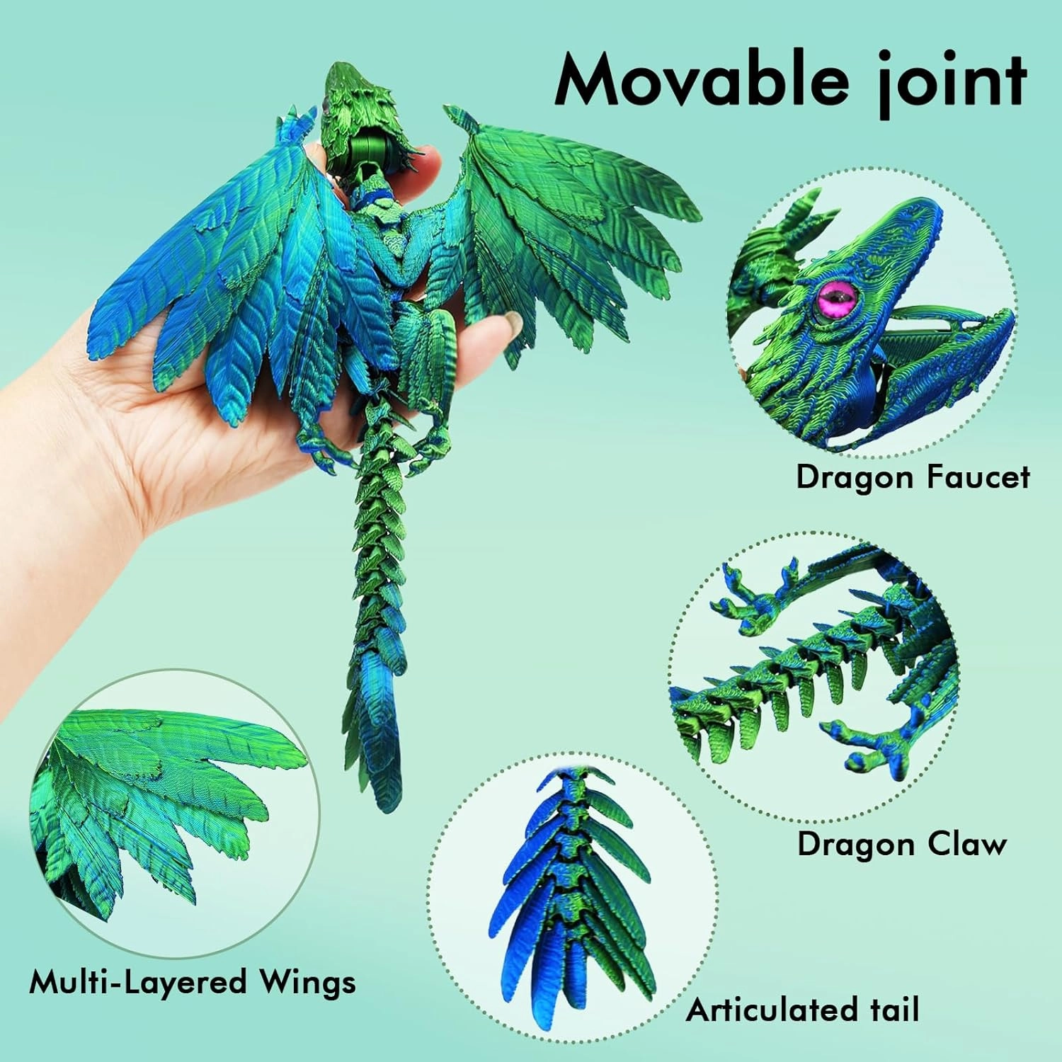 Dynamic 3D Printed Dragon Eggs with Dragon Inside，3D Dragon with Wings Movable, Feathered Wyvern Dragon,Full Articulated Crystal Flying Fidget Dragon, 3D Printed Archaeopteryx Bird Animals Toy