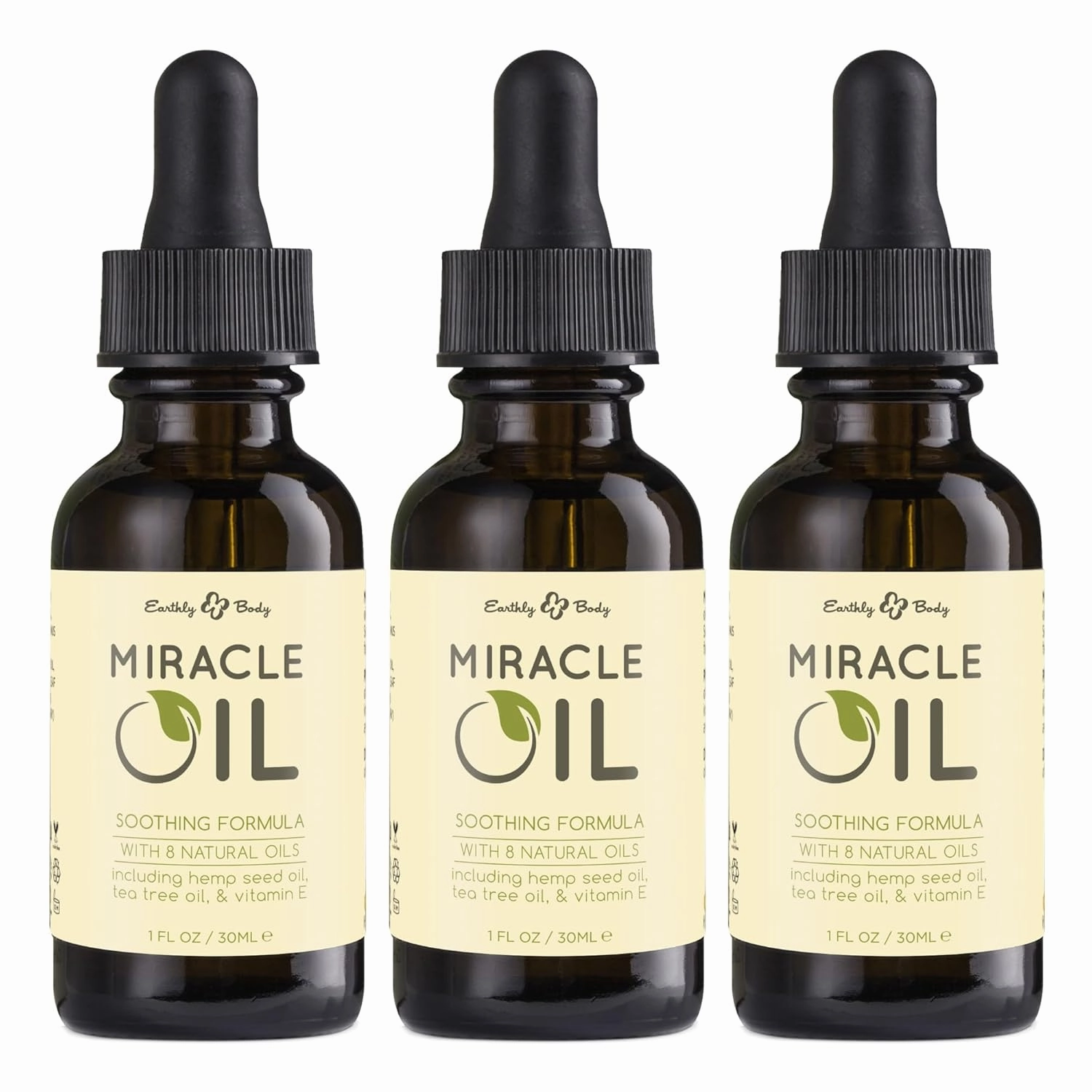 Earthly Body Miracle Oil, 1 fl. oz. - 3 Pack - 100% Natural Tea Tree Oil, Hemp Seed Oil & Vitamin E - Moisturizer, Calms Skin Irritations, Helps Smooth Wrinkles - Gluten Free, 100% Vegan