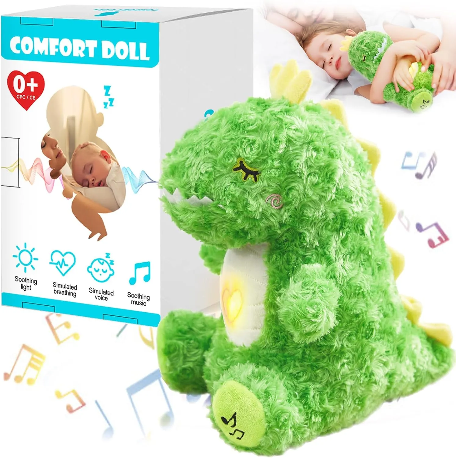 Easter Stuffed Animals, Breathing Stuffed Animals with Breathing Action and Lighted Music, Easter Toys Sleeping Plush Adjustable in Four Modes, Easter Gifts for Kids, Adults, Teens(Green Dinosaur)