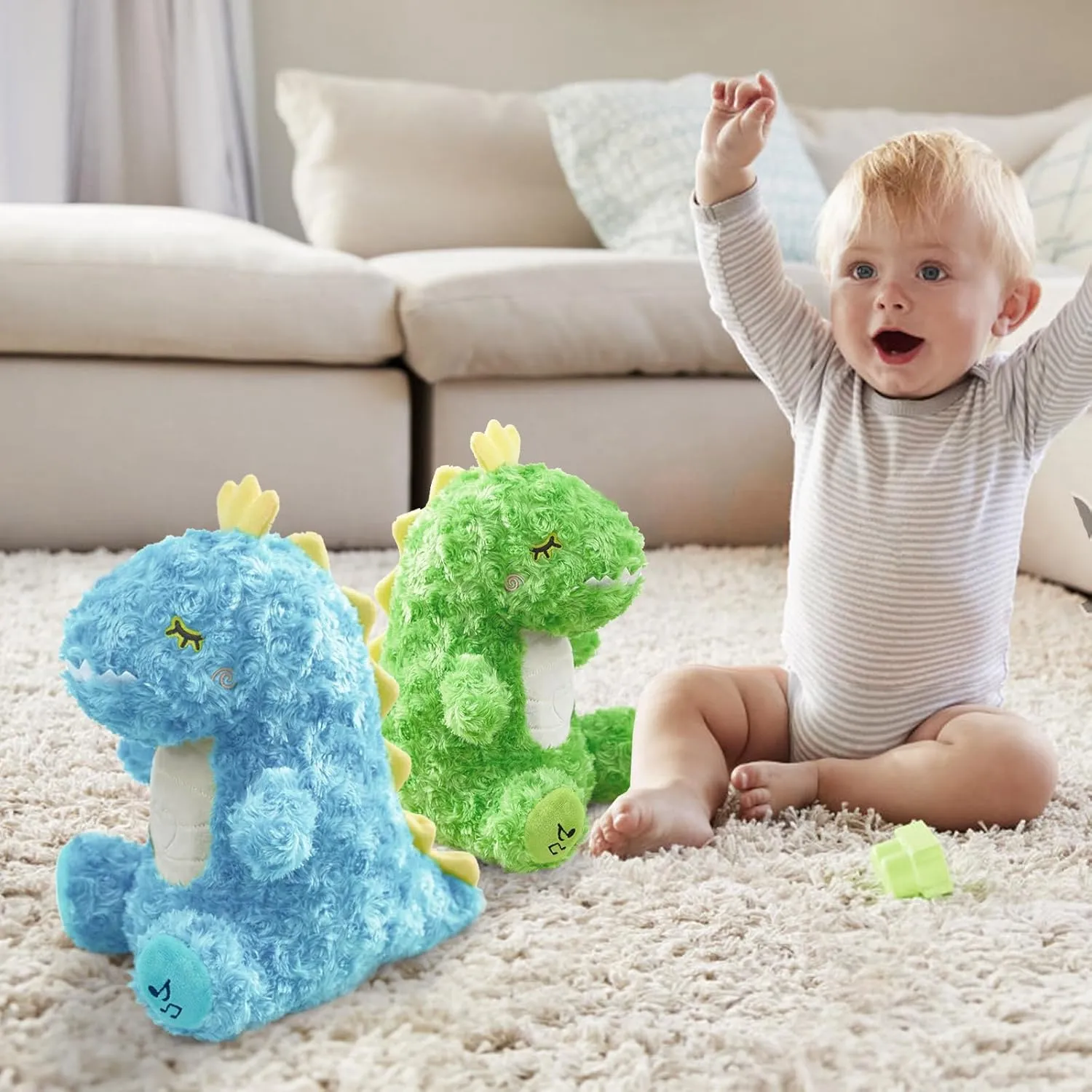 Easter Stuffed Animals, Breathing Stuffed Animals with Breathing Action and Lighted Music, Easter Toys Sleeping Plush Adjustable in Four Modes, Easter Gifts for Kids, Adults, Teens(Green Dinosaur)