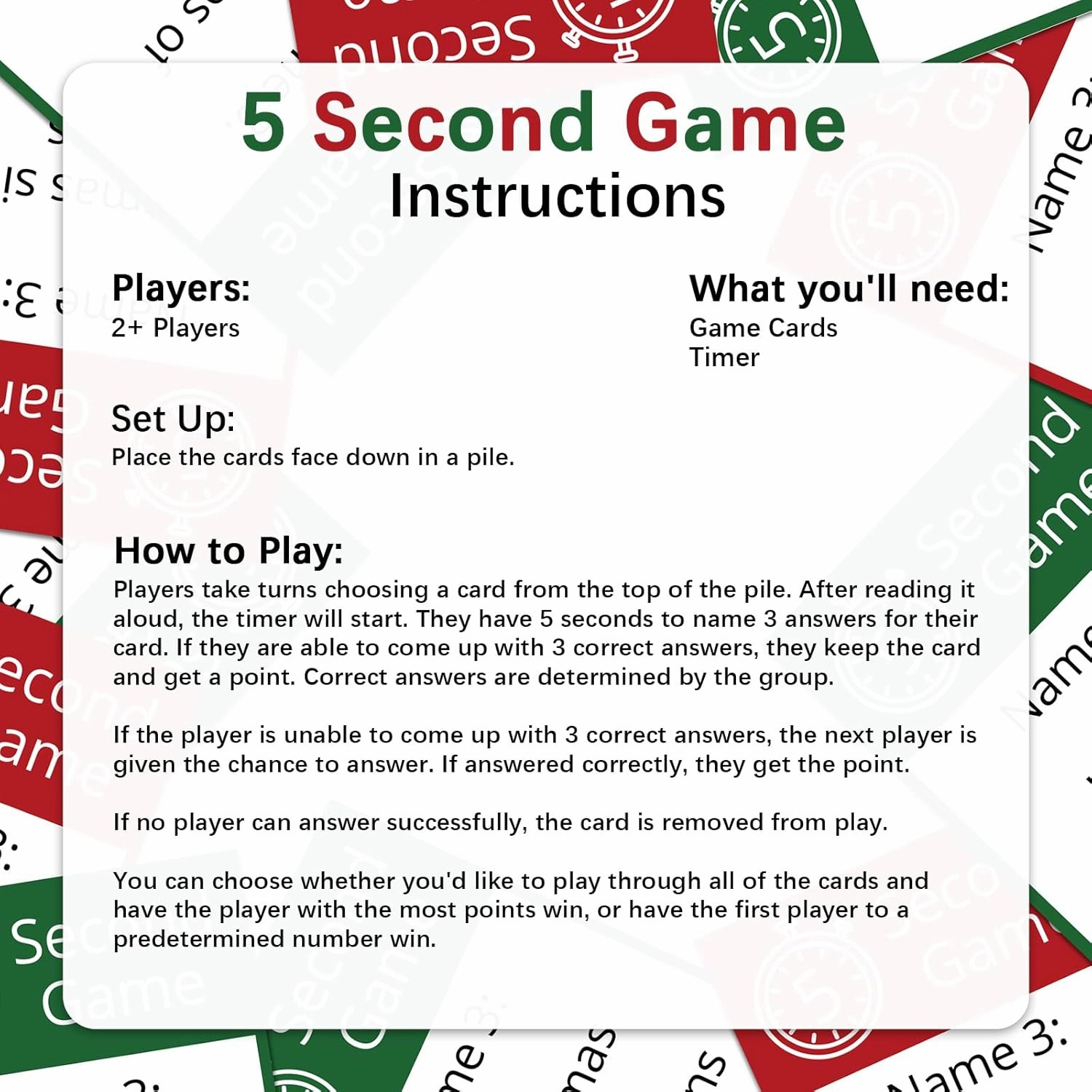 Easter Party 5 Second Game, 72 Cards and 5 Second Hourglass Family Card Game Night with Galentine Family Friends Galentines Day for Ages 15 (Green,Christmas)