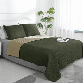 Easy-Going Full/Queen Size Reversible Quilt Set with 1 Quilt and 2 Pillow Shams, Soft Bed Quilt Cover, Water Resistant Lightweight Microfiber Bedspread, Stain Resistant, Army Green/Beige