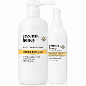 ECZEMA HONEY Soothing Body Wash & Antioxidant Body Oil - Calming Sensitive Skin Shower Gel - Moisturizing After Shower Oil for Whole Body