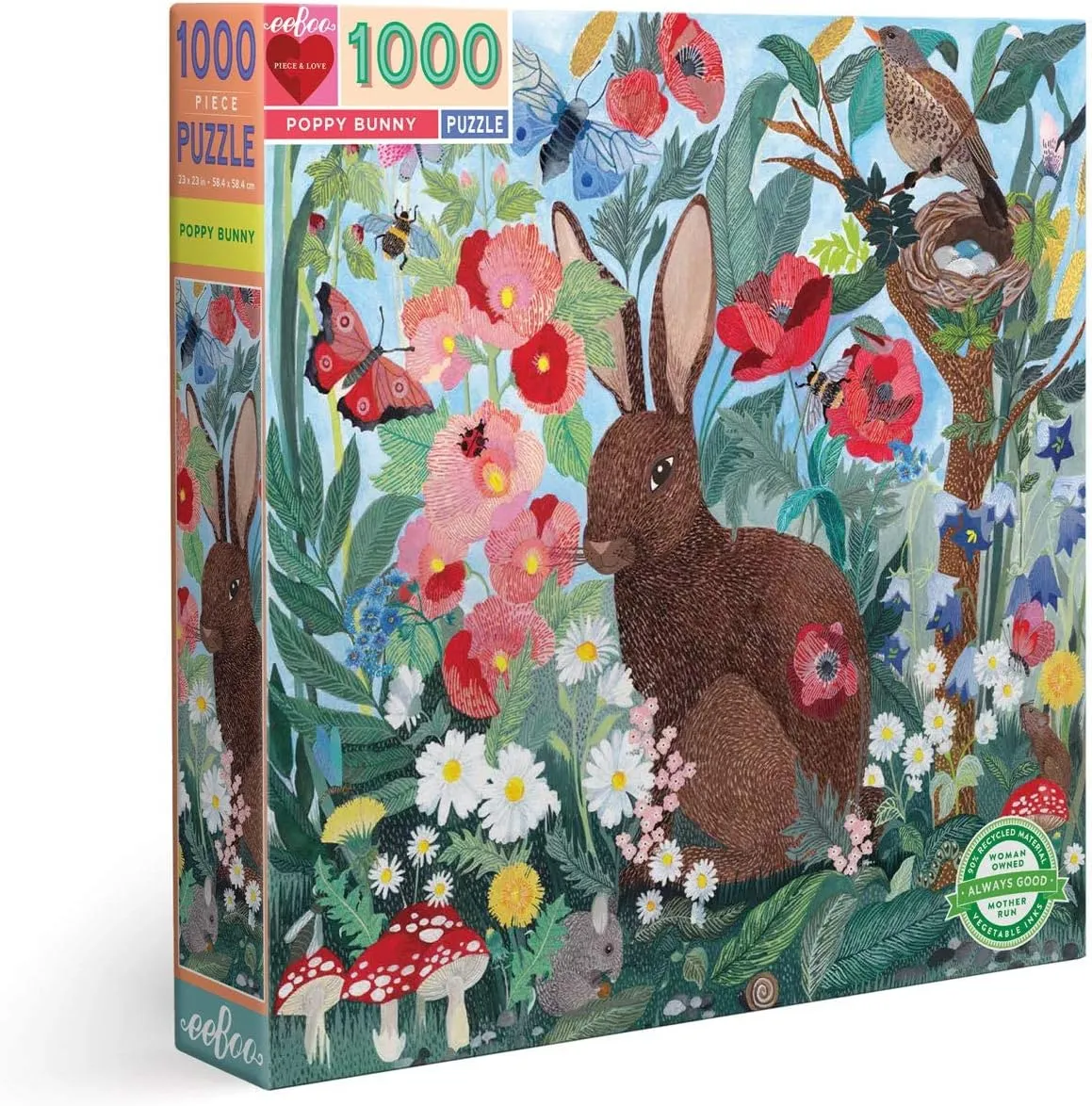 eeBoo: Piece and Love Poppy Bunny 1000-piece Square Adult Jigsaw Puzzle, Jigsaw Puzzle for Adults and Families, Includes Glossy, Sturdy Pieces and Minimal Puzzle Dust