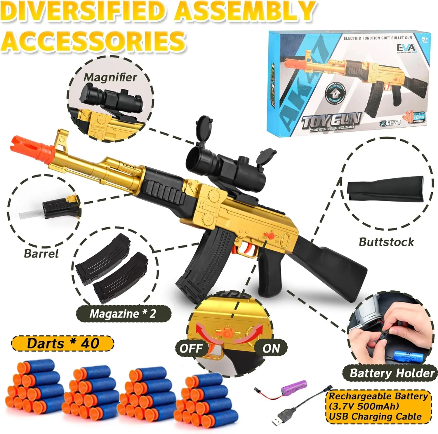Electric Golden AK-47 Realistic Soft Bullets Toy Gun,Foam Blasters Toys with 40 Foam Darts & 2 Magazines,Automatic Sniper Rifle for Kids Ages 6  Years Old,Christmas Birthday Gift for Boys