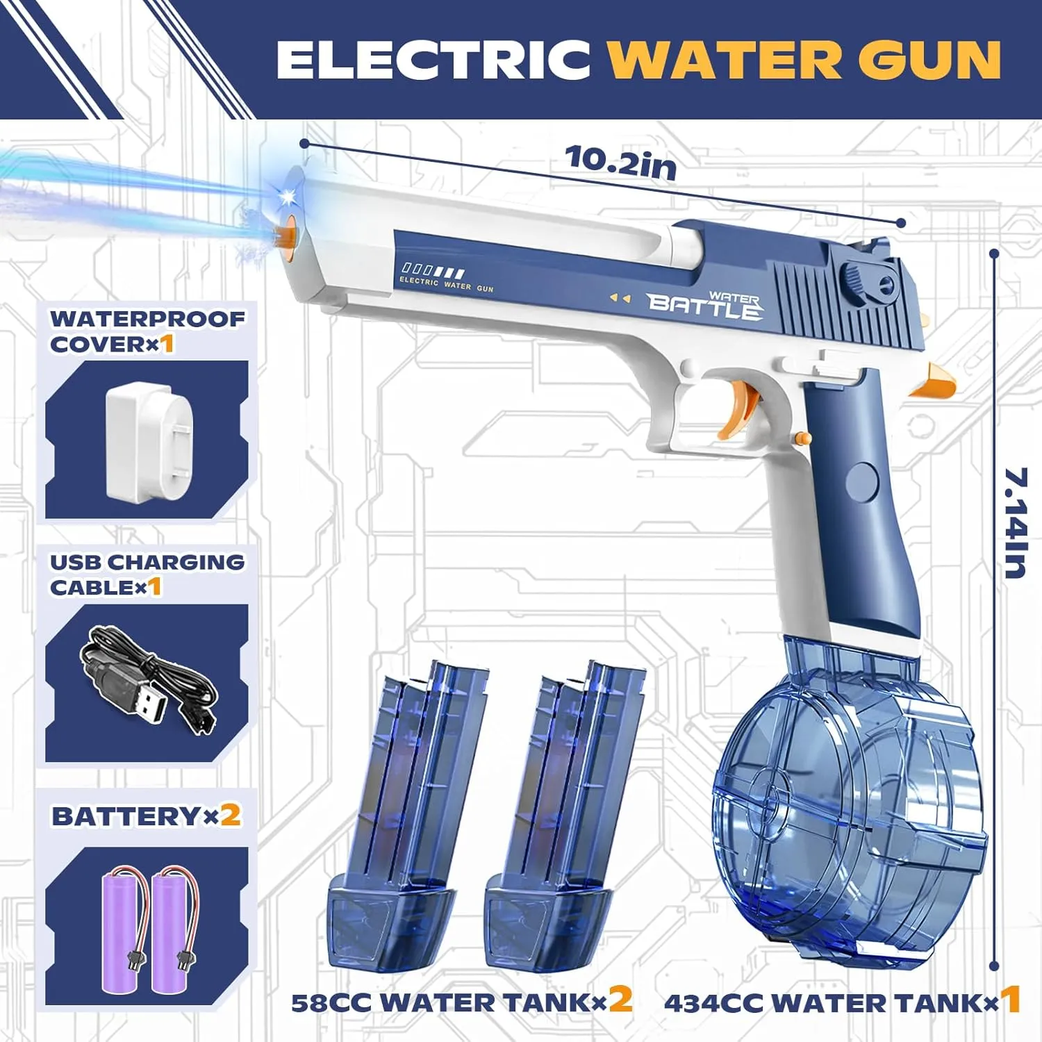 Electric Water Gun, Automatic Squirt Guns with Lights Up to 32 FT Range with Large Capacity, 434CC Two 58CC Water Blasters for Kids Boys Adults Outdoor Summer Swimming Pool Beach Shooting Game (Blue)