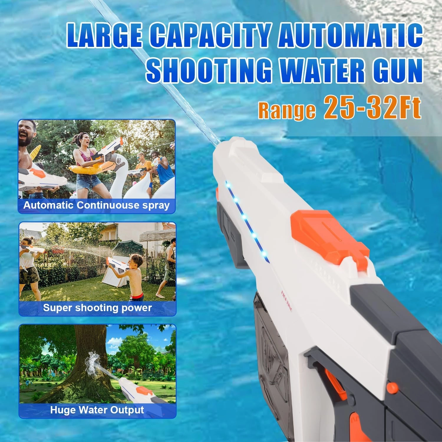 Electric Water Gun for Adults, Automatic Squirt Guns with Light Up to 32 FT Range, Rechargeable Powerful Water Blaster for Kids & Adults Summer Swimming Pool Party Beach Outdoor Activity