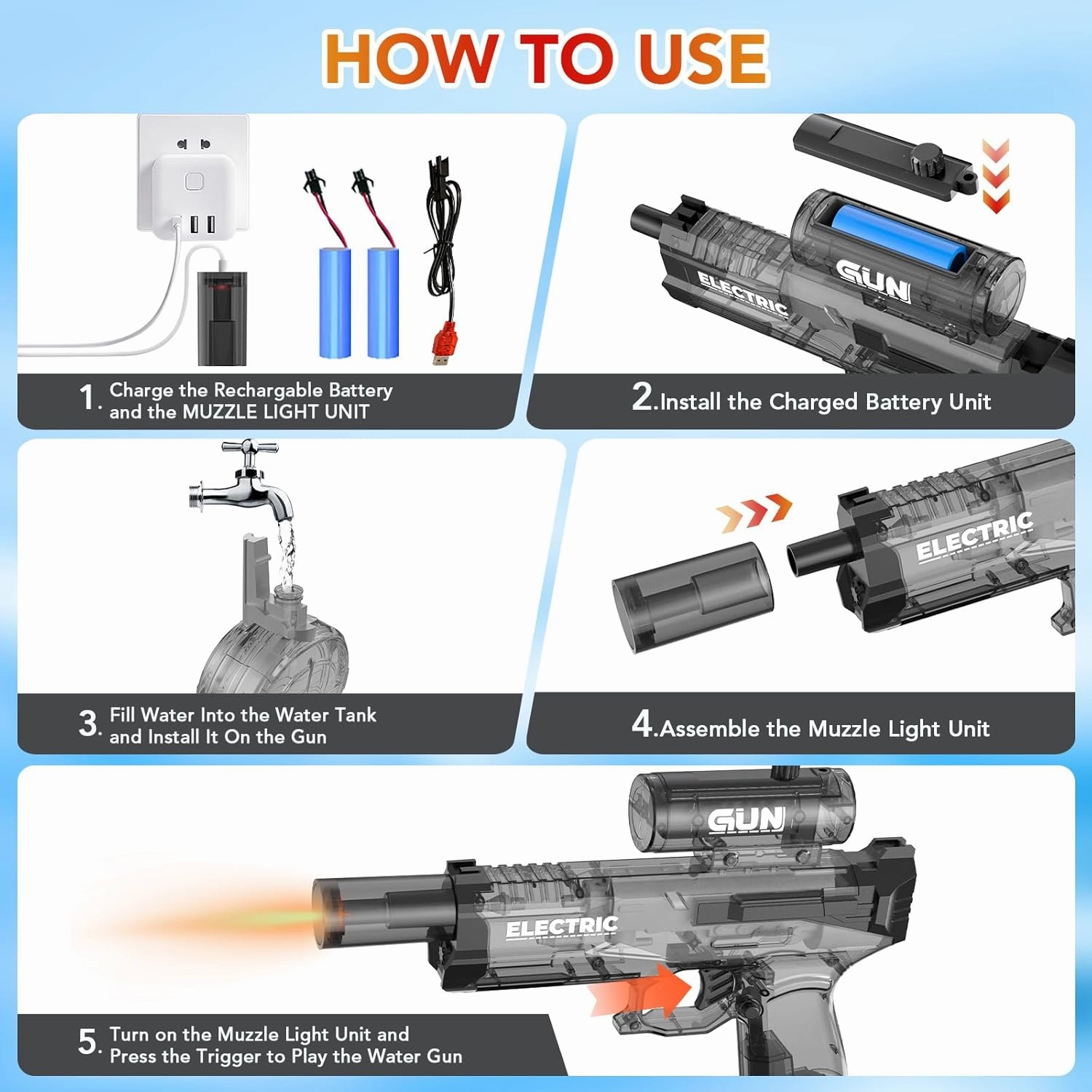 Electric Water Gun with Muzzle Light,Automatic Water Gun Blaster,Squirt Gun Range 23-32 FT,Outdoor Party Summer Water Shooting Game Toy with 2 Batteries,Ideal Watergun Easter Gift for Kids & Youths.