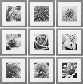 eletecpro 12x12 Picture Frames Set of 9 Classic Gallery Wall Frame Set Displays 8x8 Photo with Mat or 12x12 without Mat, Modern Home Decor for Wall Hanging, Washing Grey Square Picture Frames