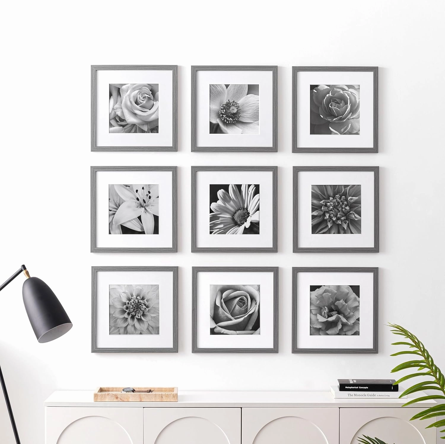 eletecpro 12x12 Picture Frames Set of 9 Classic Gallery Wall Frame Set Displays 8x8 Photo with Mat or 12x12 without Mat, Modern Home Decor for Wall Hanging, Washing Grey Square Picture Frames