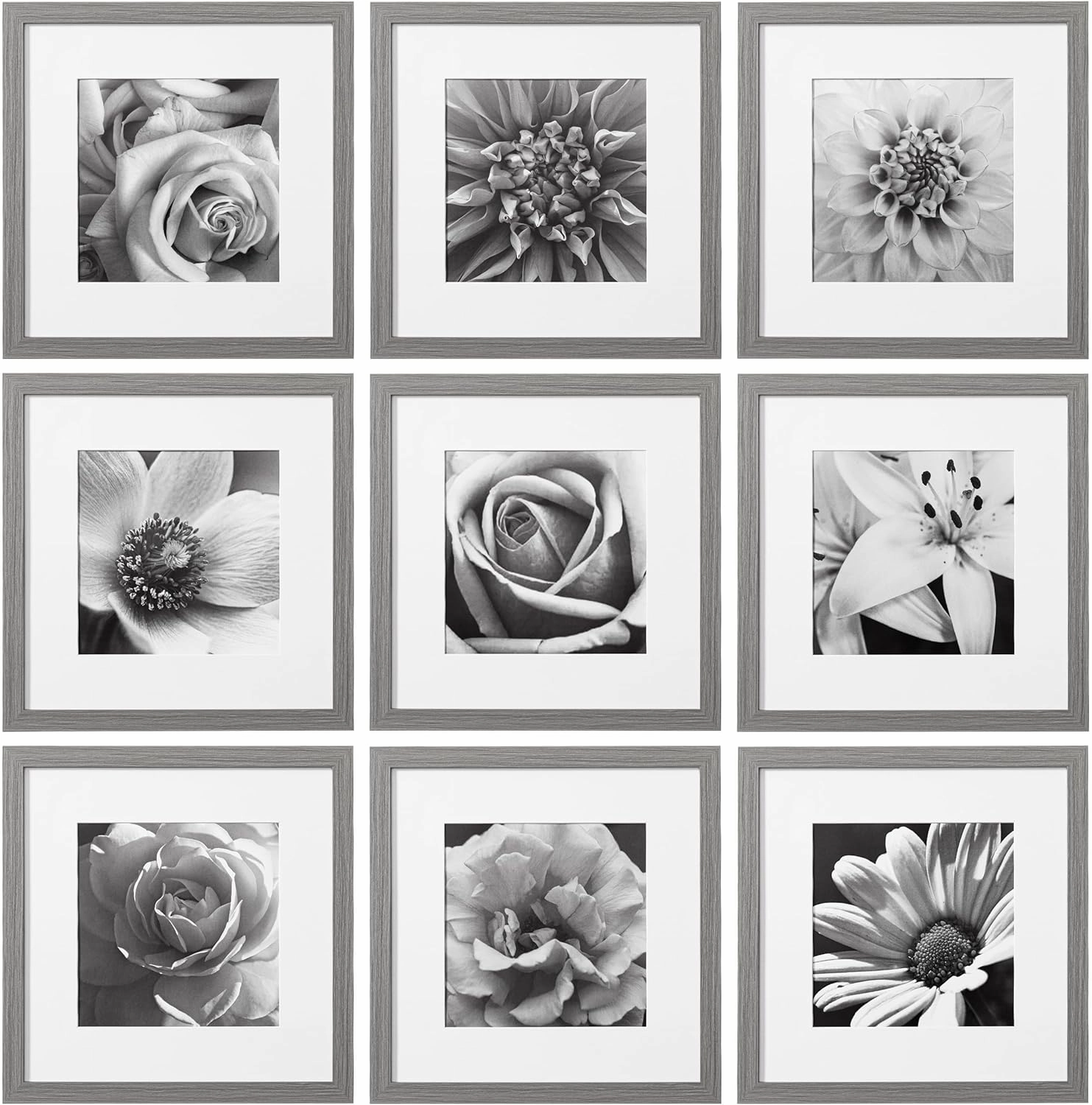 eletecpro 12x12 Picture Frames Set of 9 Classic Gallery Wall Frame Set Displays 8x8 Photo with Mat or 12x12 without Mat, Modern Home Decor for Wall Hanging, Washing Grey Square Picture Frames