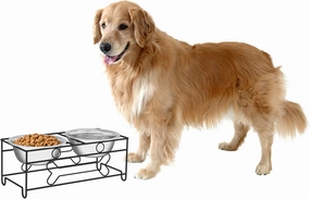 Elevated Dog and Cat Bowls - Decorative 6.5-Inch-Tall Raised Stand with 2 Stainless-Steel Food and Water Bowls - Hold 40oz Each by PETMAKER (Black)