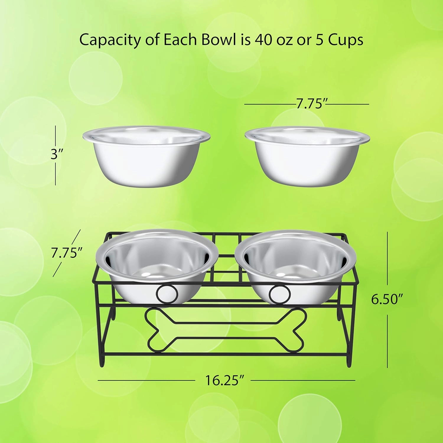 Elevated Dog and Cat Bowls - Decorative 6.5-Inch-Tall Raised Stand with 2 Stainless-Steel Food and Water Bowls - Hold 40oz Each by PETMAKER (Black)