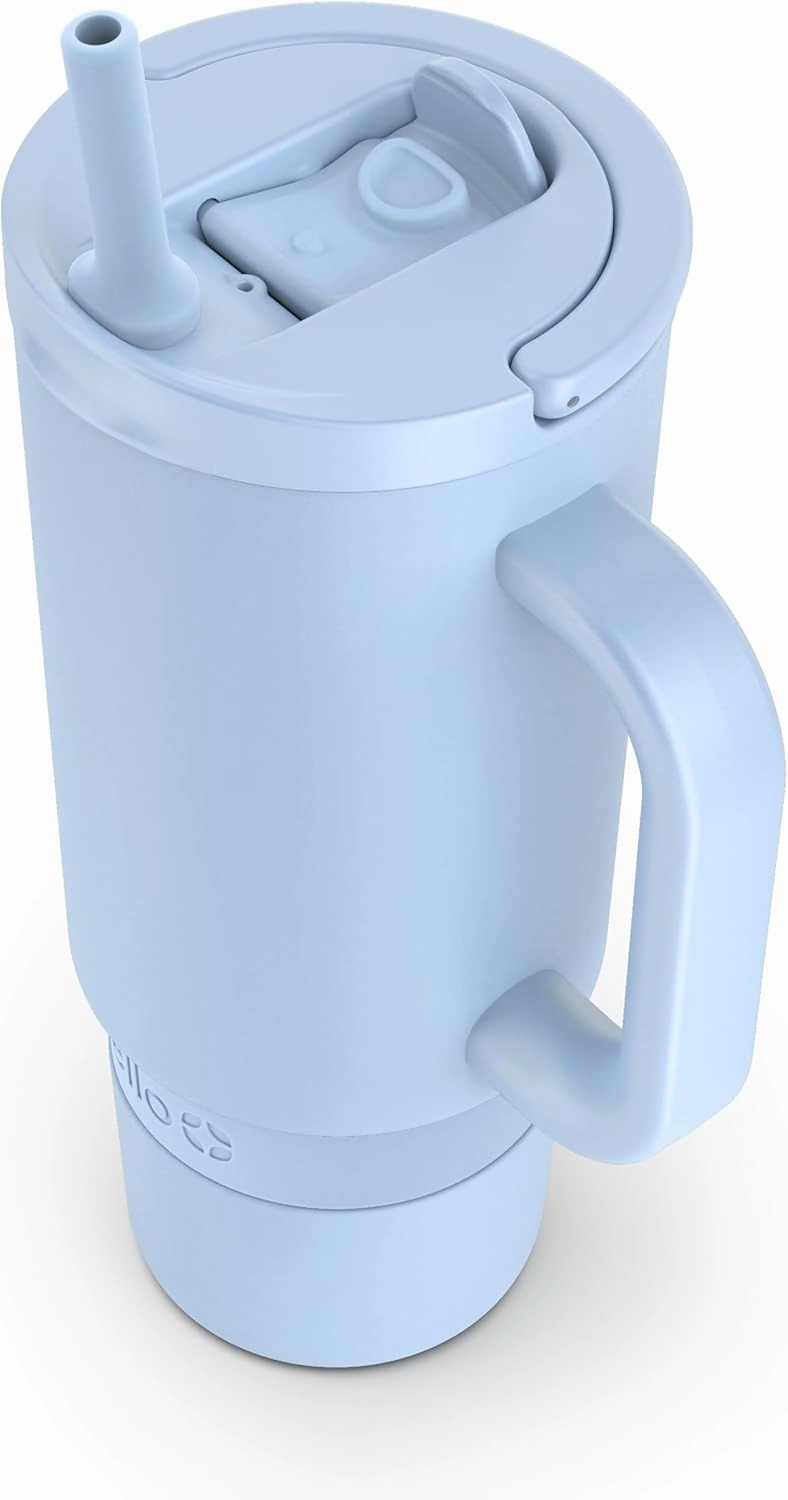 Ello Port 30oz Tumbler with Carry Loop & Integrated Handle, Vacuum Insulated Stainless Steel Reusable Water Bottle, Travel Mug with Leak Proof Lid & Straw, Perfect for Iced Coffee & Tea, Halogen Blue