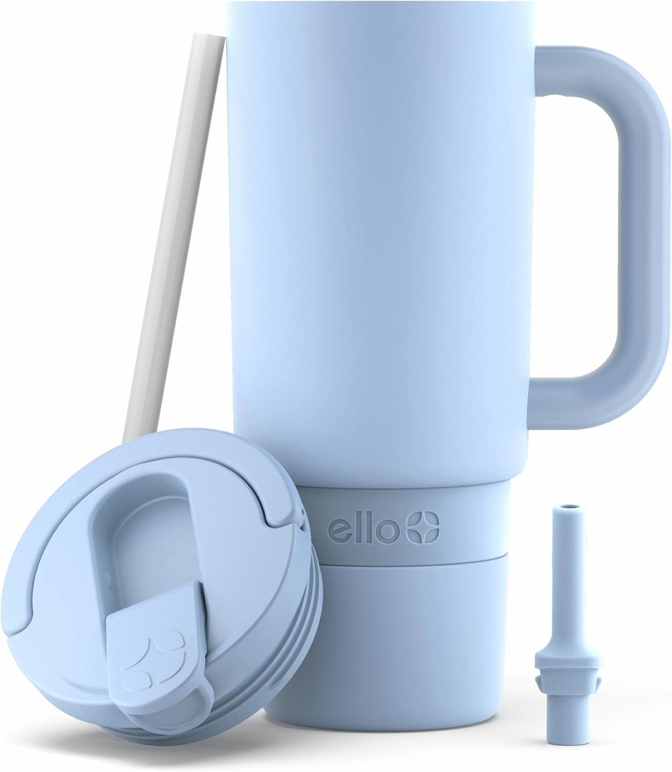Ello Port 30oz Tumbler with Carry Loop & Integrated Handle, Vacuum Insulated Stainless Steel Reusable Water Bottle, Travel Mug with Leak Proof Lid & Straw, Perfect for Iced Coffee & Tea, Halogen Blue