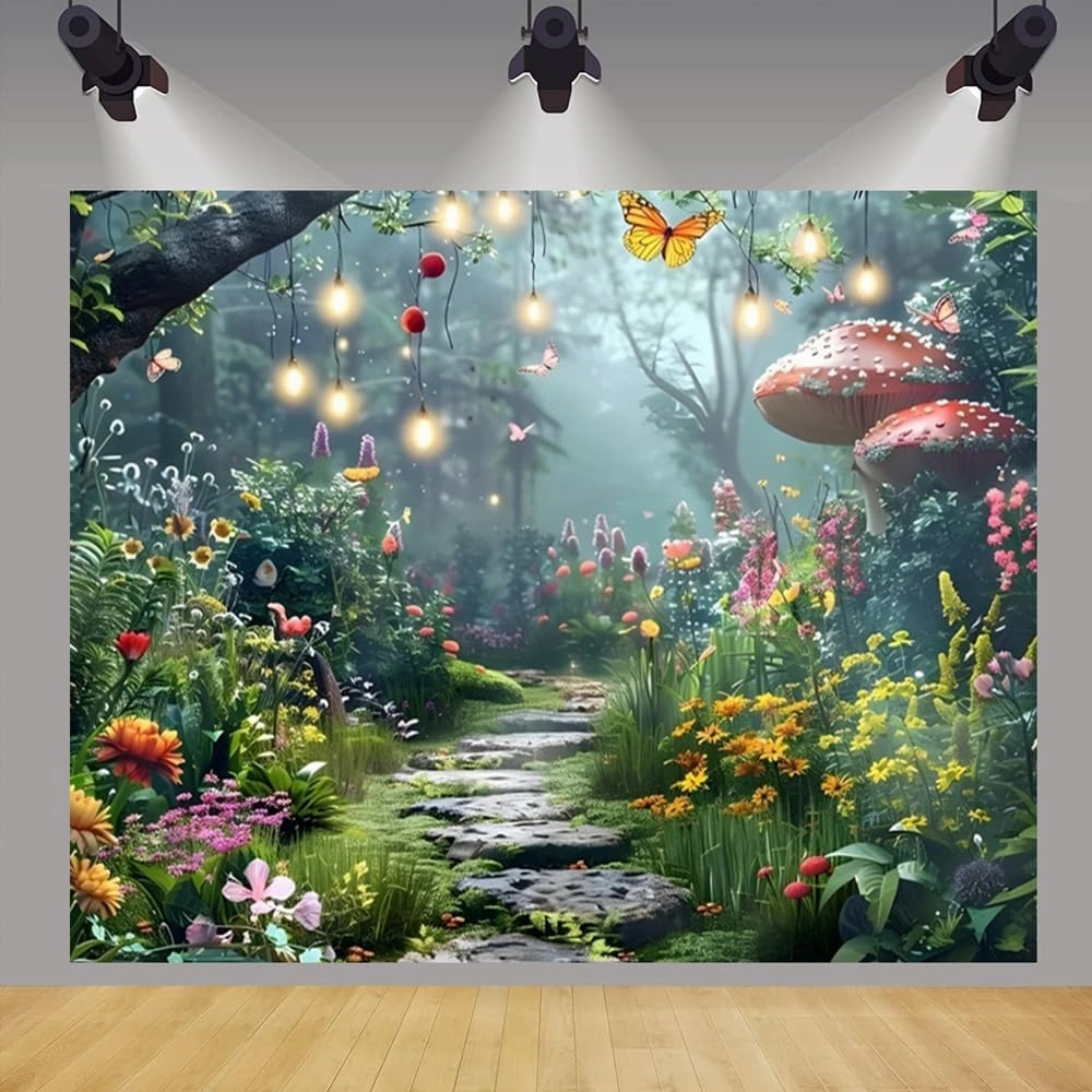 Enchanted Forest Backdrop 12x8ft Fantasy Wonderland Flower Mushroom Background Forest Jungle Photography Backdrop Room Wall Decoration Baby Shower Birthday Party Banner Decorations