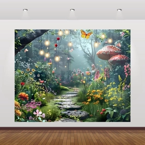 Enchanted Forest Backdrop 12x8ft Fantasy Wonderland Flower Mushroom Background Forest Jungle Photography Backdrop Room Wall Decoration Baby Shower Birthday Party Banner Decorations