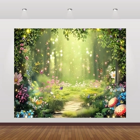 Enchanted Forest Backdrop 12x8ft Wonderland Fairy Backdrop Mushroom Flower Woodland Fantasy Forest Jungle Photography Background for Princess Baby Shower Birthday Party Banner Decorations