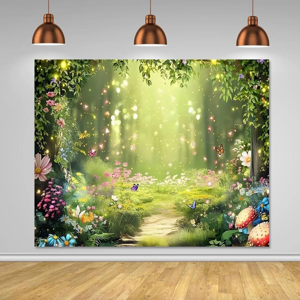 Enchanted Forest Backdrop 12x8ft Wonderland Fairy Backdrop Mushroom Flower Woodland Fantasy Forest Jungle Photography Background for Princess Baby Shower Birthday Party Banner Decorations