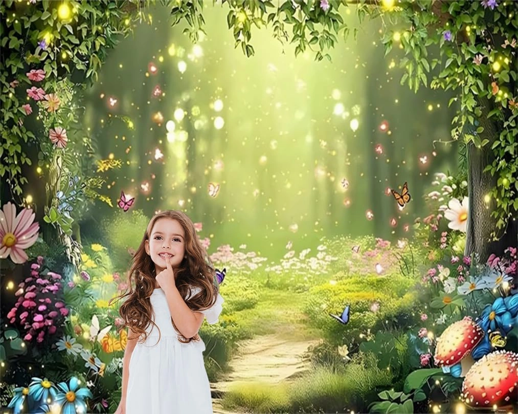 Enchanted Forest Backdrop 12x8ft Wonderland Fairy Backdrop Mushroom Flower Woodland Fantasy Forest Jungle Photography Background for Princess Baby Shower Birthday Party Banner Decorations