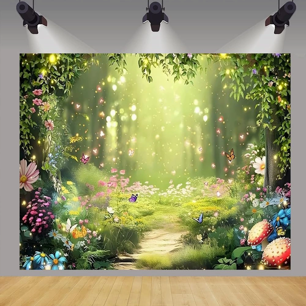 Enchanted Forest Backdrop 12x8ft Wonderland Fairy Backdrop Mushroom Flower Woodland Fantasy Forest Jungle Photography Background for Princess Baby Shower Birthday Party Banner Decorations