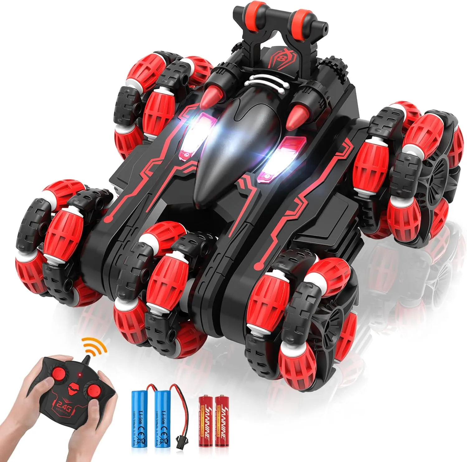 Eulogia RC Stunt Car with Deformable Wheel Arm, 2 Rechargeable Batteries, Lights, 360° Rotation, One-Key Demo, 2.4GHz All-Terrain Toys Gift for 4-7 Boys Girls Kids Christmas Birthday Gifts